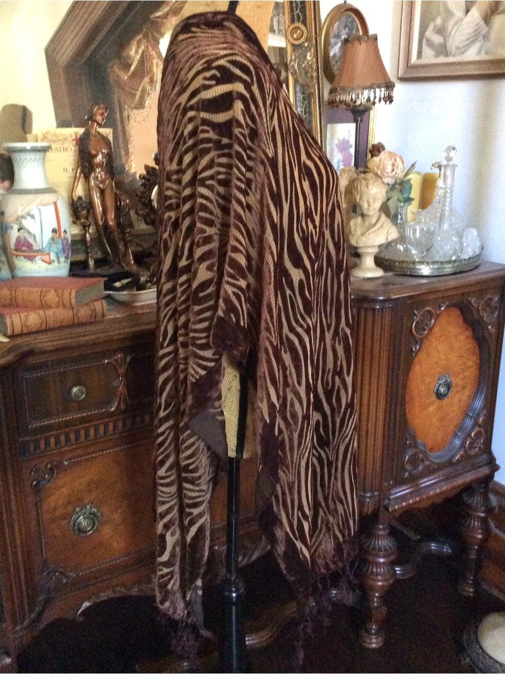 Vintage 90's Brown Silk Velvet Boho Hippie Gypsy Safari-inspo Zebra Shawl Scarf